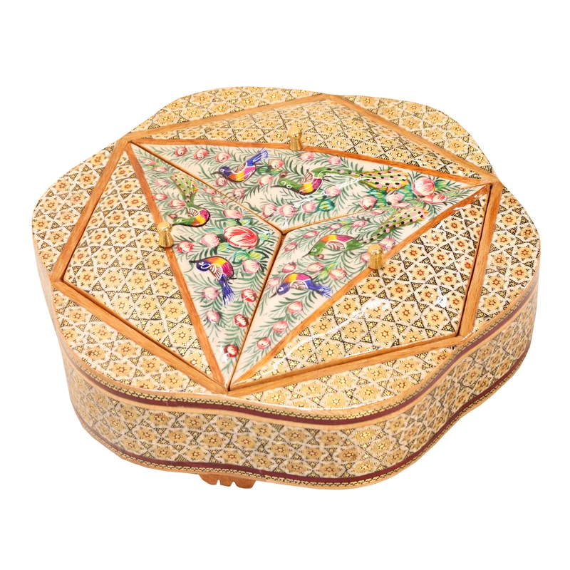 شکلات خوری خاتم کاری صنایع دستی فاخر مدل ممتاز 3 درب طرح گل و مرغ برجسته کد Gr3d26