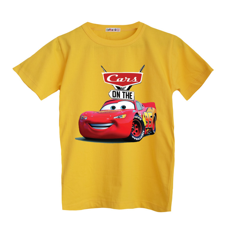 تی شرت آستین کوتاه پسرانه مدل ماشین ها رنگ زرد