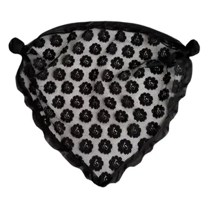 مینی اسکارف زنانه مدل سه گوش توری گل گلی دور نوار دوزی