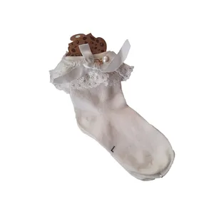 جوراب ساق کوتاه دخترانه مدل لب تور کتان مرواریدی