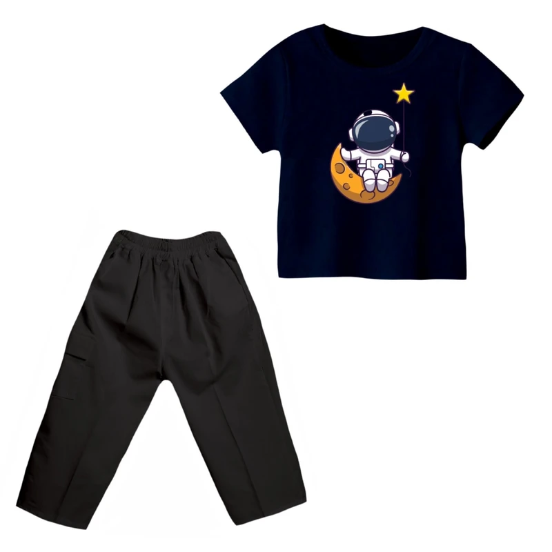ست تی شرت و شلوارک پسرانه مدل فضانورد کد 14 رنگ سرمه ای