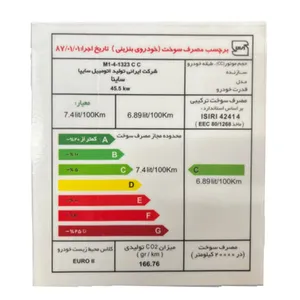 برچسب مصرف انرژی شیشه جلو خودرو وارون مدل P-497-K مناسب برای ساینا