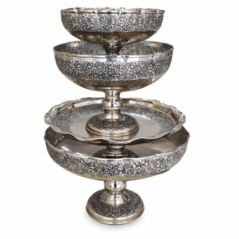 ست 4 تکه ظروف پذیرایی قلمزنی مسی کرومی مدل گلبرگ تکه پایه