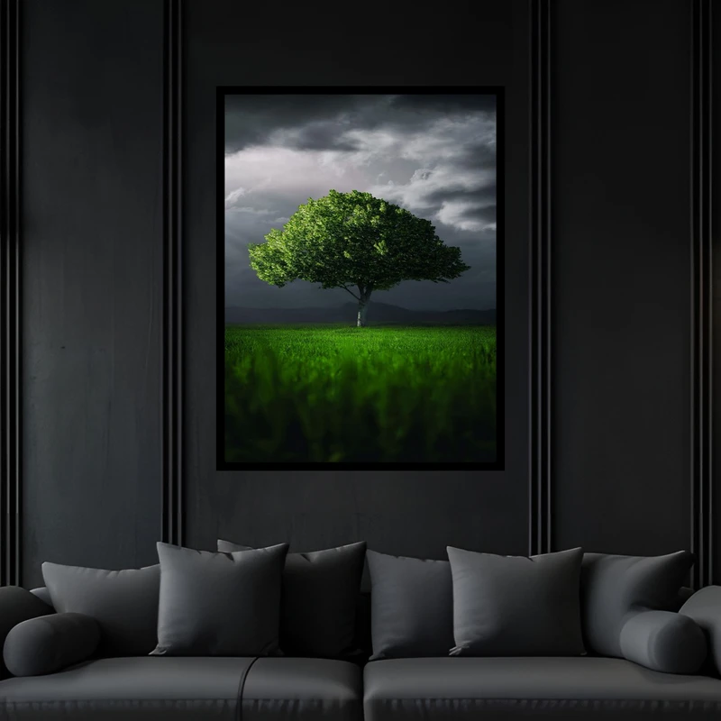 تابلو بکلیت طرح هنری دکوری طبیعت دشت و جنگل و تک درخت مدل B-bu5993 فریم مشکی