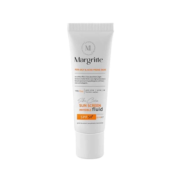 فلوئید ضد آفتاب بدون رنگ مارگریت spf50 مدل آی OAC محافظ UVA،UVB مناسب برای پوست های چرب و آکنه ای حجم 50 میلی لیتر