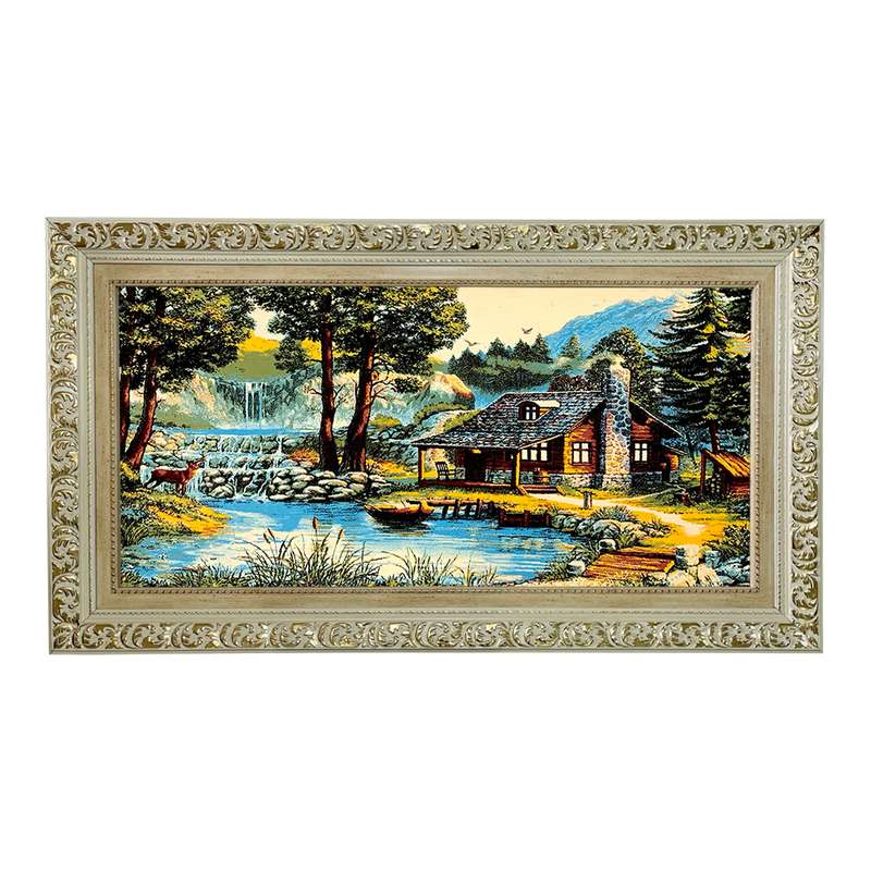 تابلو فرش ماشینی طرح دستبافت مدل کلبه و برکه کد 7650