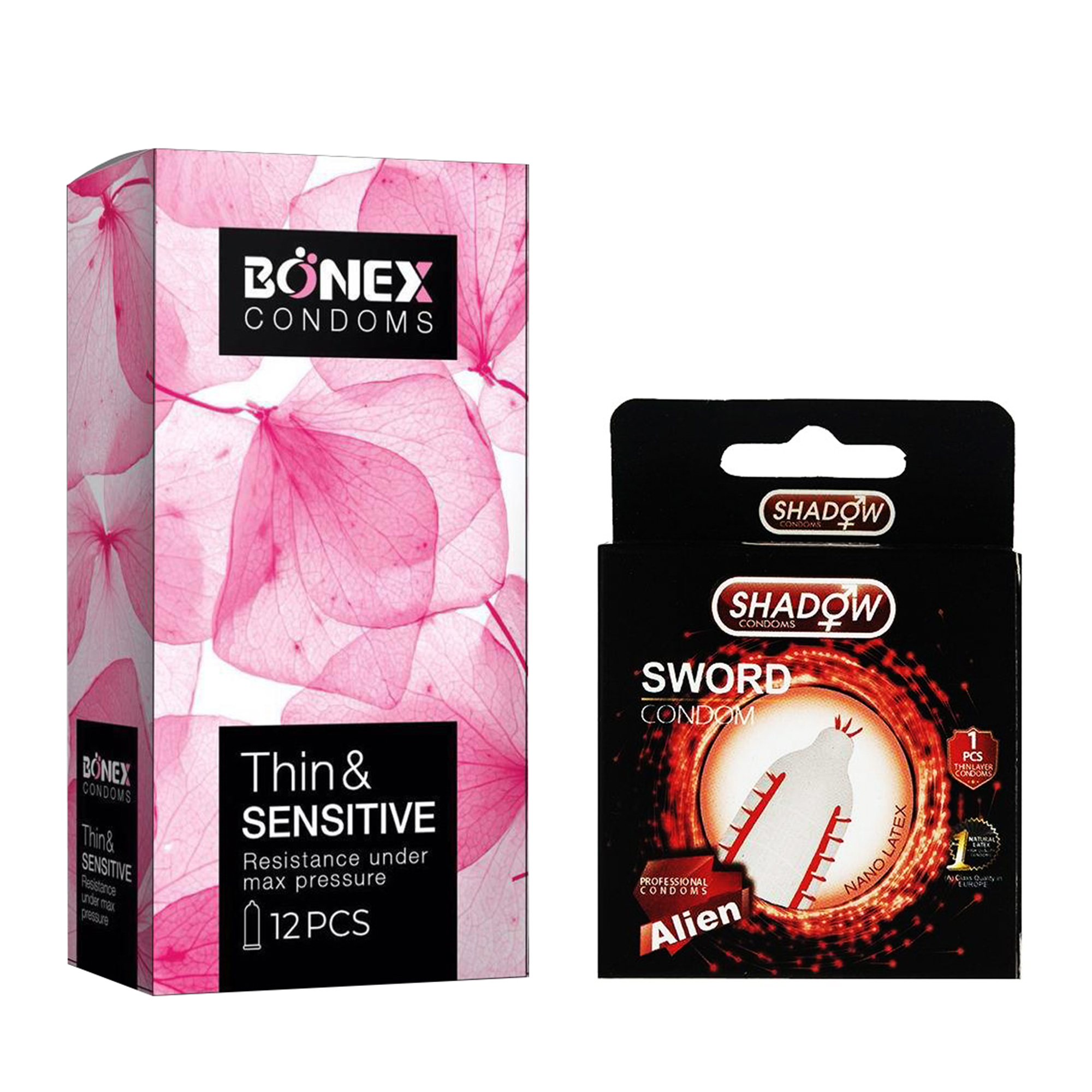 کاندوم بونکس مدل Thin & Sensitive بسته 12 عددی به همراه کاندوم شادو مدل Sword