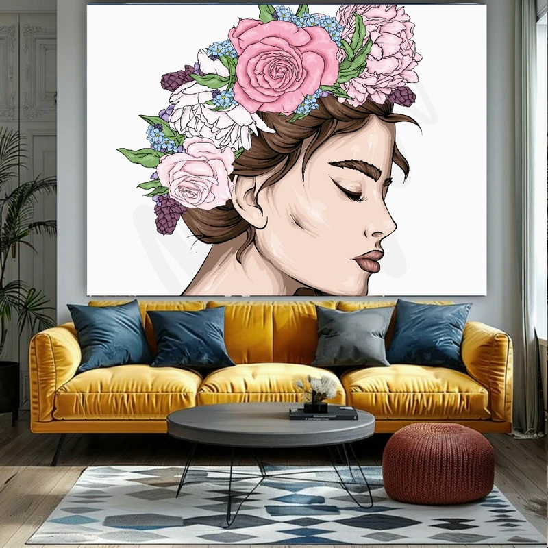 پوستر پارچه ای طرح مخمل نقاشی زن مدل گل کد FP106320