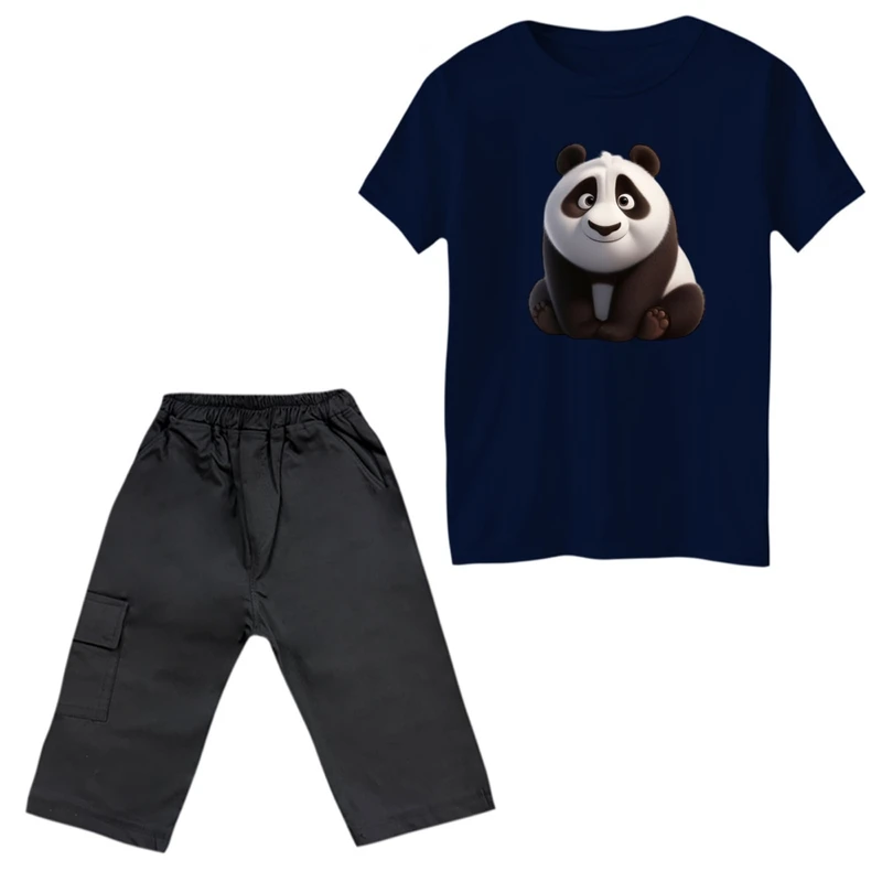 ست تی‌شرت و شلوارک پسرانه مدل پاندا بامزه رنگ سورمه ای