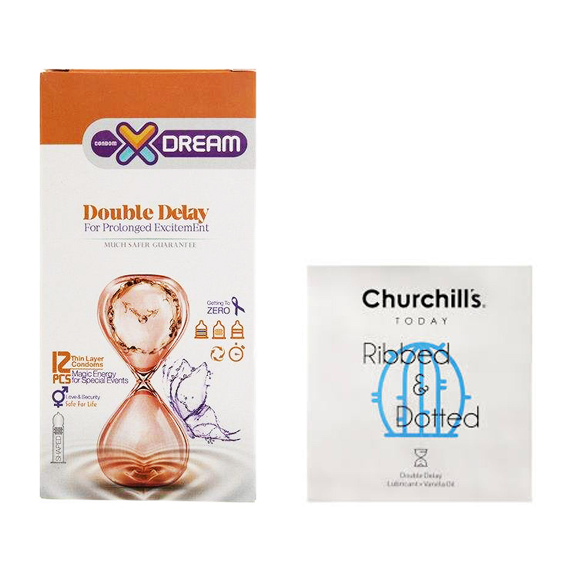 کاندوم چرچیلز مدل Ribbed and Dotted بسته 3 عددی به همراه کاندوم ایکس دریم مدل Double Delay بسته 12 عددی