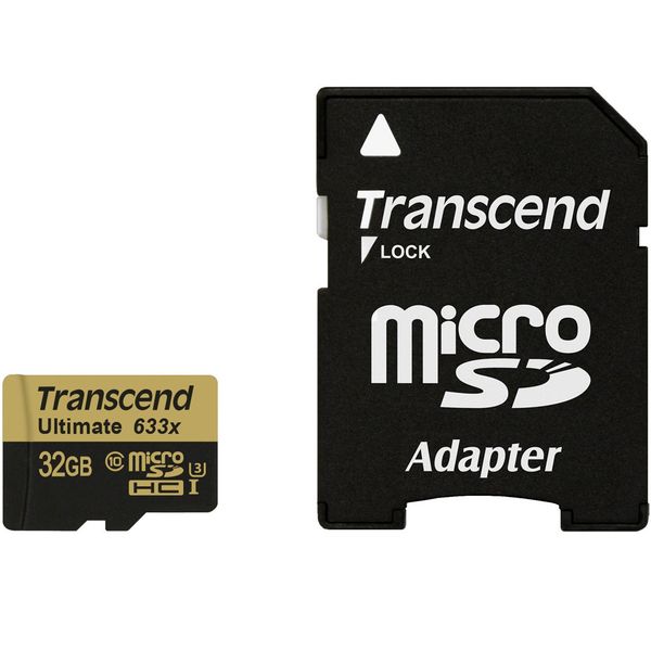 کارت حافظه microSDHC ترنسند مدل Ultimate کلاس 10 استاندارد UHS-I U3 سرعت 95MBps 633X همراه با آداپتور SD ظرفیت 32 گیگابایت کارت حافظه microSDHC ترنسند مدل Ultimate کلاس 10 استاندارد UHS-I U3 سرعت 95MBps 633X همراه با آداپتور SD ظرفیت 32 گیگابایت