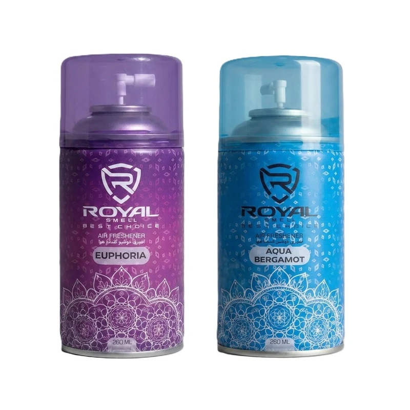اسپری خوشبو کننده هوا رویال مدل ایفوریا با رایحه شیرین حجم 250 میلی لیتر به همراه اسپری خوشبو کننده هوا رویال مدل آکوا برگاموت با رایحه خنک حجم 250 میلی لیتر