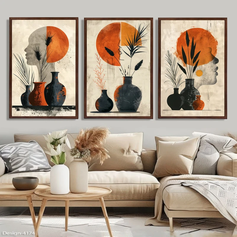 تابلو طرح دکوراتیو مدرن کد 4174 فریم قهوه ای تیره مجموعه سه عددی
