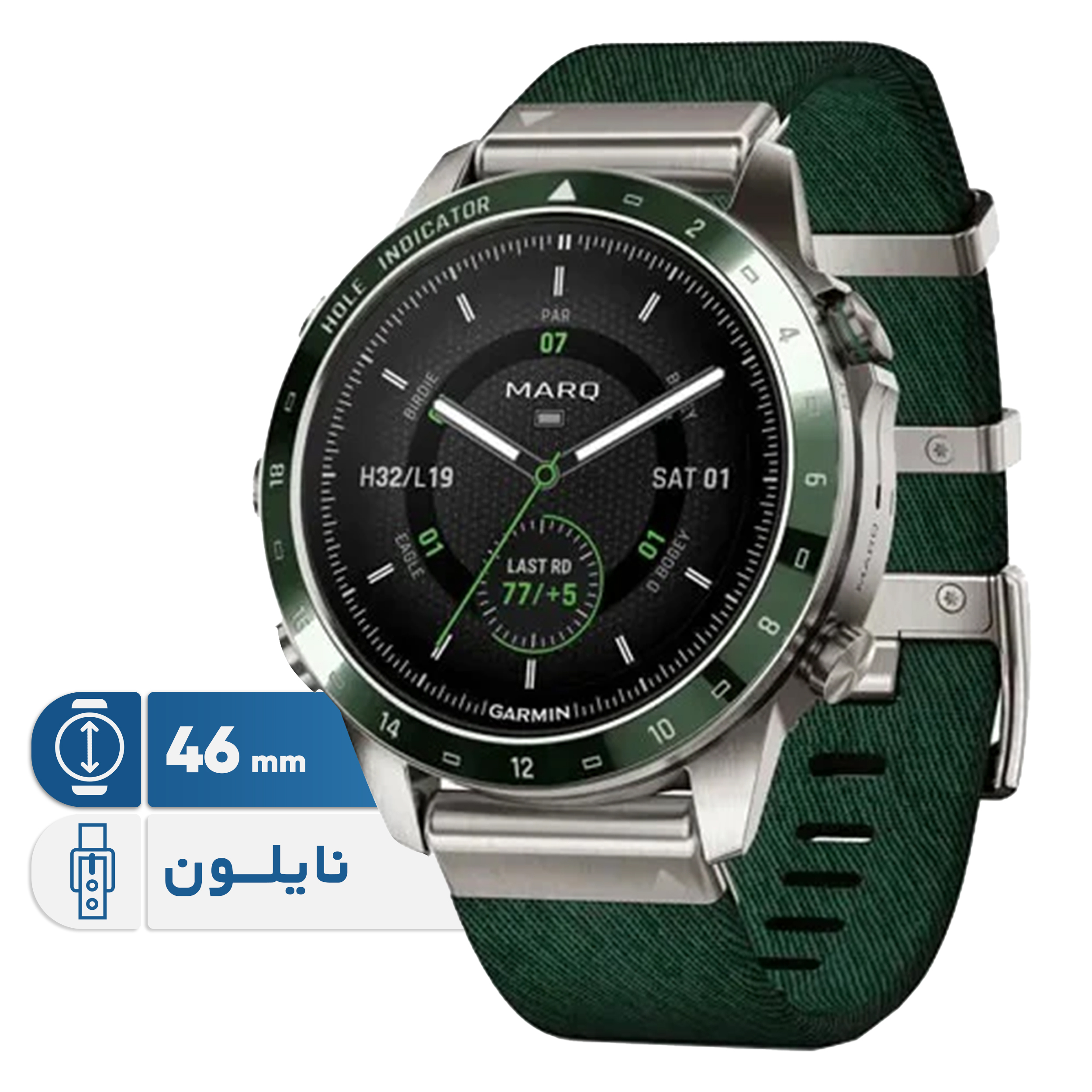 ساعت هوشمند 46 میلی‌متری گارمین مدل MARQ Golfer (Gen 2) Titanium با بند پارچه‌ای