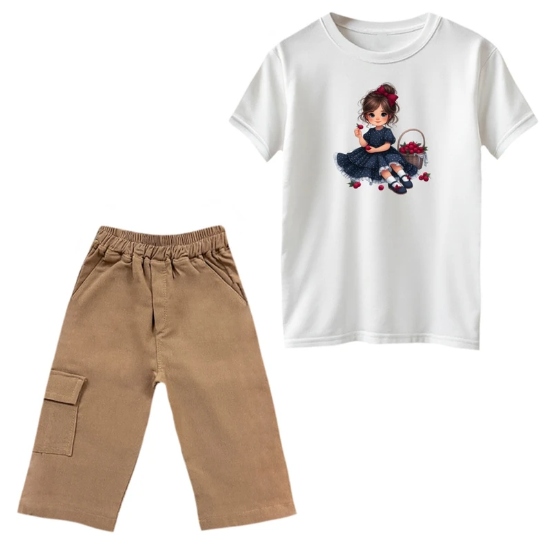 ست تی‌شرت و شلوارک دخترانه مدل دخترک کد 01 رنگ سفید 