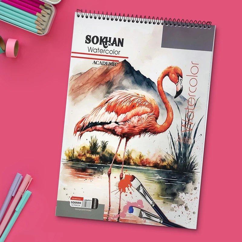 دفتر آبرنگ 10 برگ سخن مدل ISO-A3 طرح فلامینگو