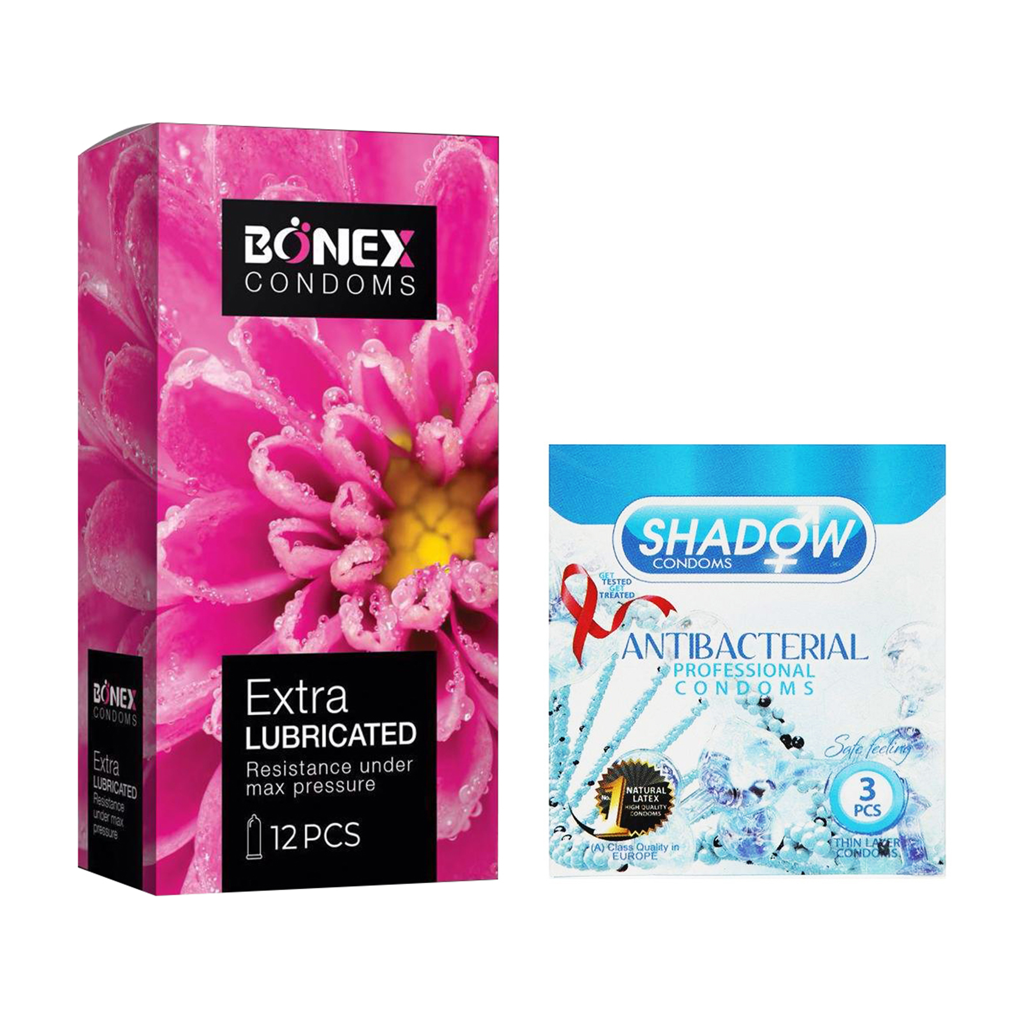 کاندوم بونکس مدل Extra Lubricated بسته 12 عددی به همراه کاندوم شادو مدل Anti Bacterial بسته 3 عددی 