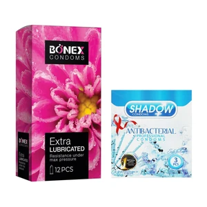 کاندوم بونکس مدل Extra Lubricated بسته 12 عددی به همراه کاندوم شادو مدل Anti Bacterial بسته 3 عددی