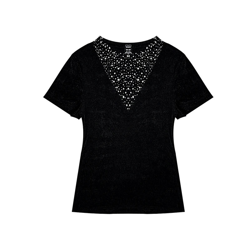 بلوز آستین کوتاه یقه گرد زنانه شین مدل لمه نگینی