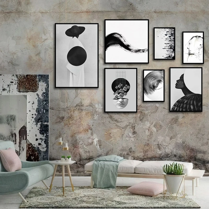 تابلو ساده بکلیت طرح مدرن نقاشی مینیمال مدل شاین اکلیلی B-2715 فریم مشکی مجموعه 7 عددی