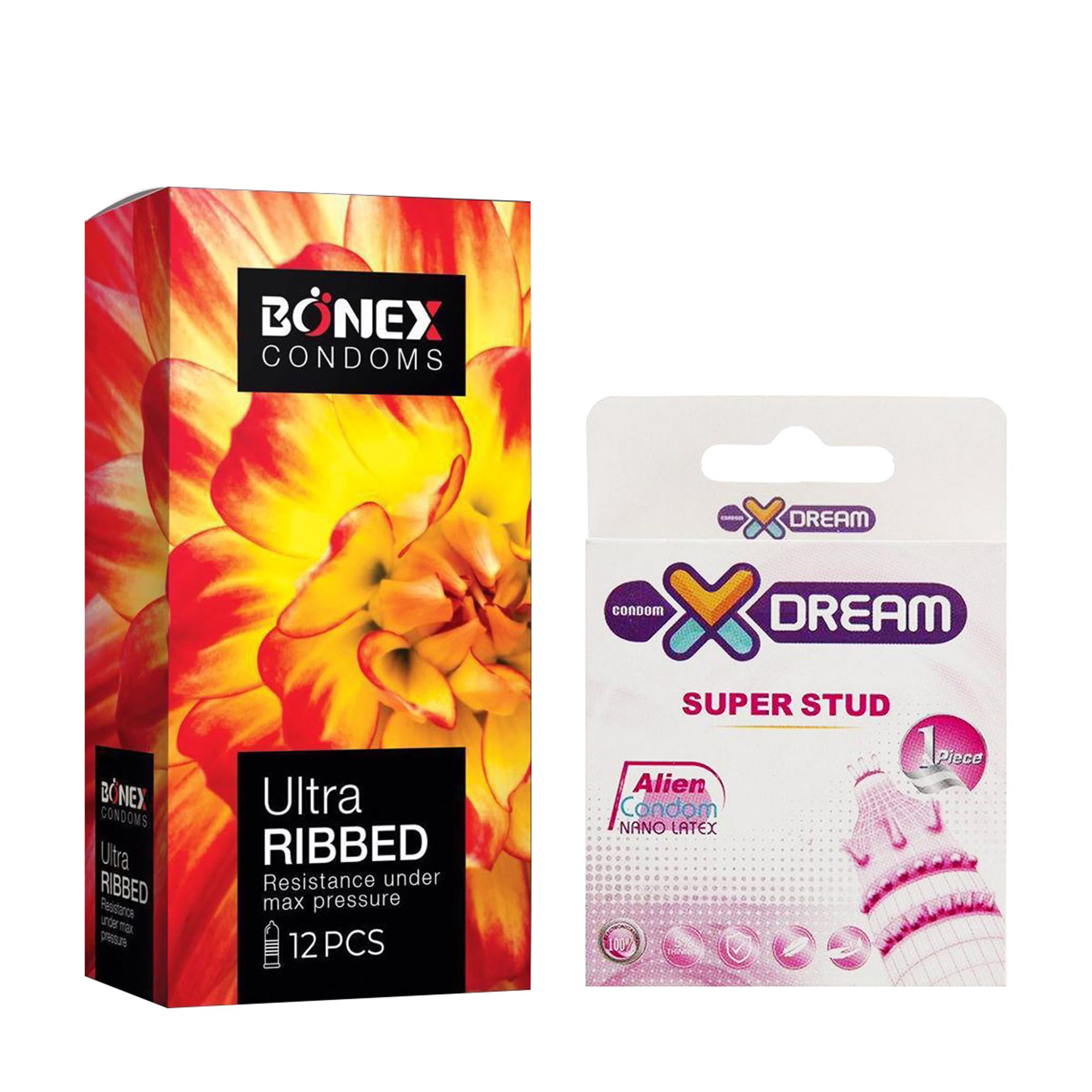 کاندوم بونکس مدل Ribbed Delay بسته 12 عددی به همراه کاندوم ایکس دریم مدل Super Stud