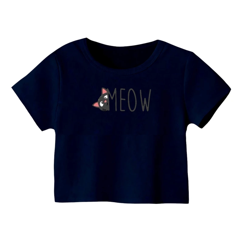 کراپ‌ تی‌شرت آستین کوتاه زنانه مدل گربه کد ۱۸