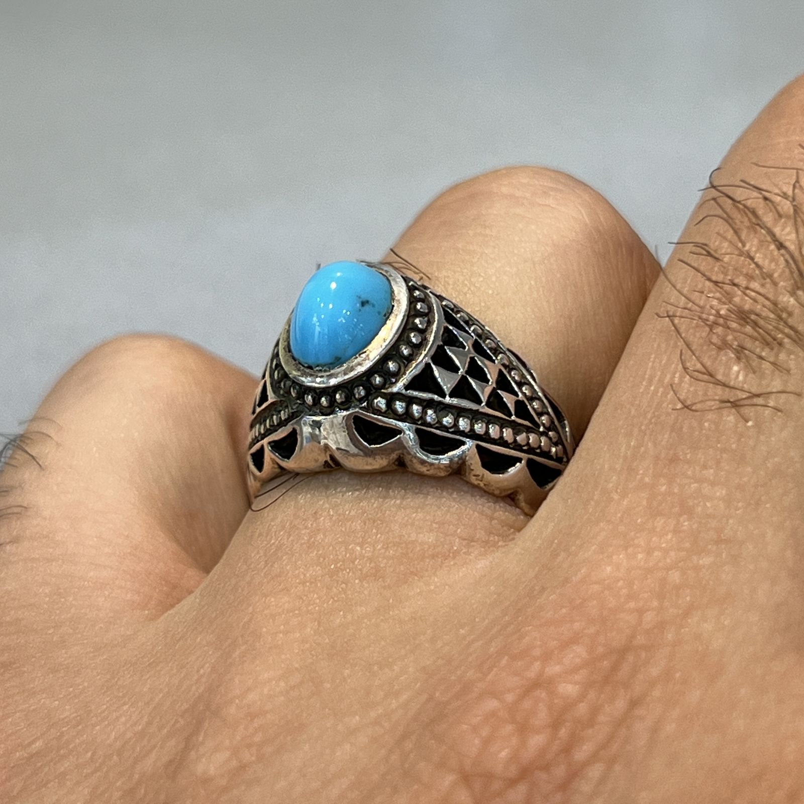 انگشتر نقره مردانه مدل شبکه زنی دستساز مزین به فیروزه نیشابوری 0-24 -  - 7