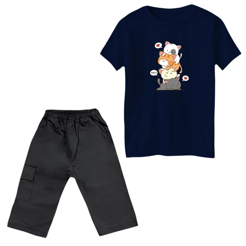 ست تی‌شرت و شلوارک دخترانه مدل گربه