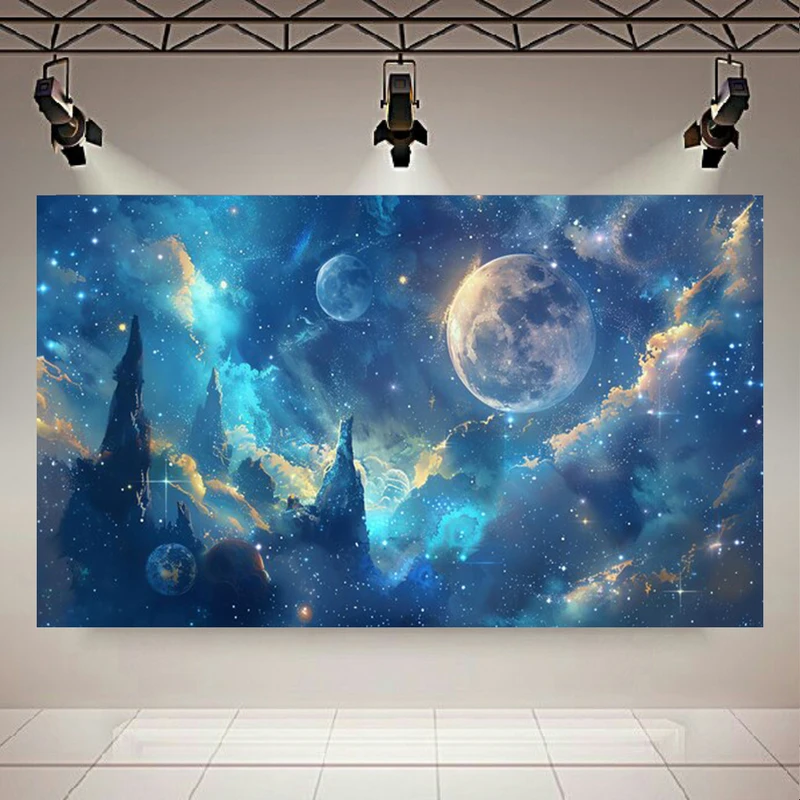 پوستر پارچه ای طرح مخمل شب پر ستاره مدل ماه کامل کد AR305306