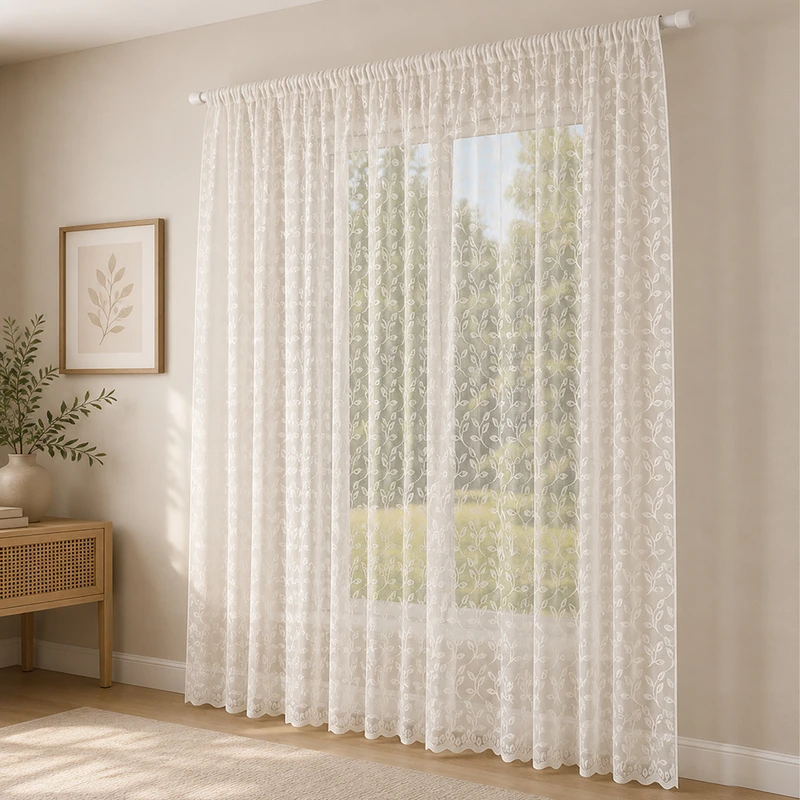 پرده تیکو دکو مدل دوخت ساده تور راشل کادکا طرح برگی دالبوردار  سایز 280 × 300 سانتی‌متر
