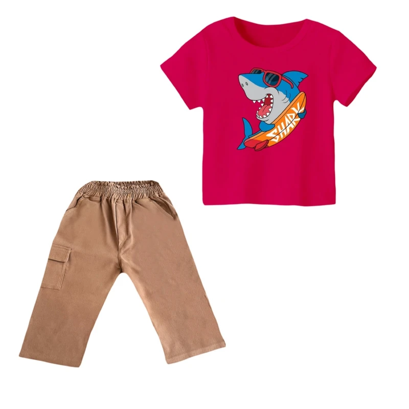 ست تی شرت و شلوارک پسرانه مدل کوسه کد ۸ رنگ سرخابی