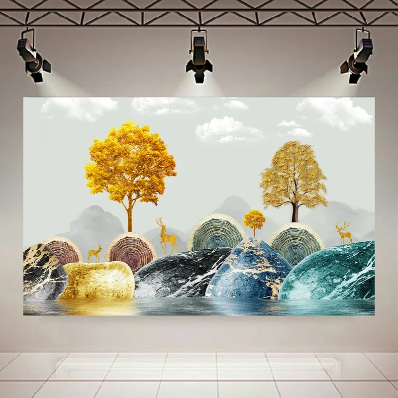 پوستر طرح انتزاعی گوزن و درخت های طلایی کد AR30855