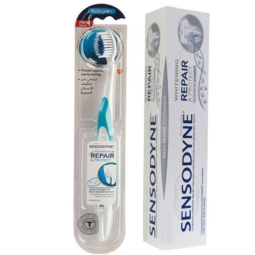 خمیر دندان سنسوداین مدل REPAIR AND PROTECT WHITENING حجم 75 میلی لیتر به همراه مسواک سنسوداین مدل REPAIR  با برس خیلی نرم