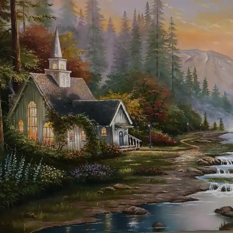 تابلو نقاشی رنگ روغن طرح کلبه جنگلی