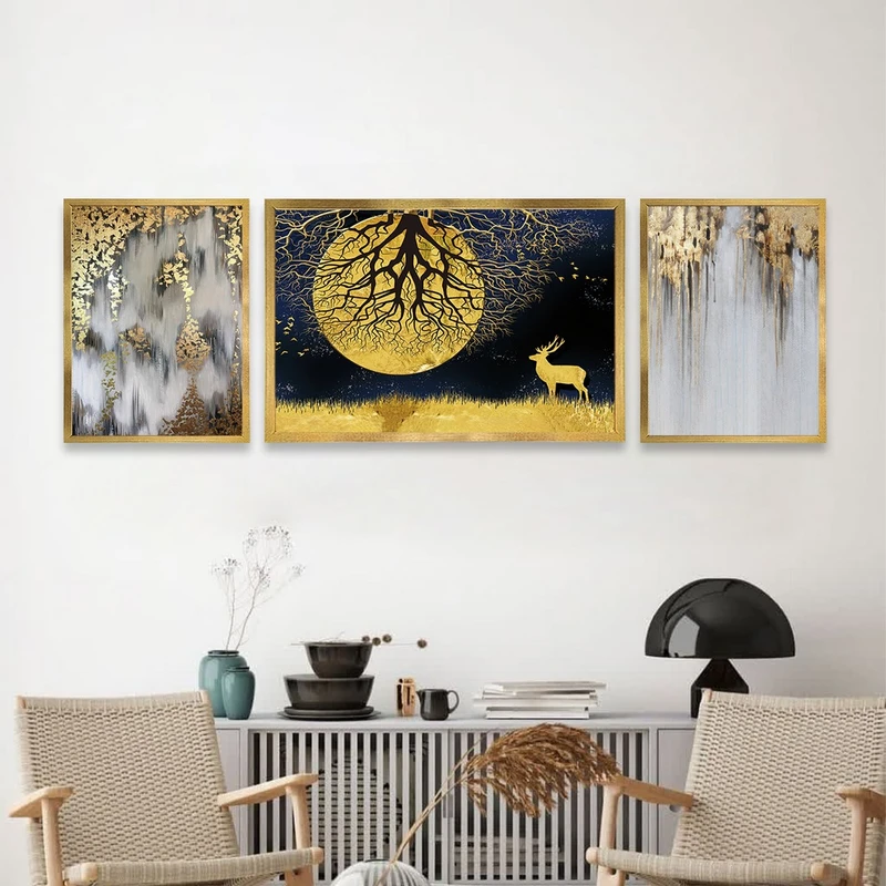 تابلو بکلیت طرح مدرن طلایی گوزن و مهتاب مدل T-721 مجموعه 3 عددی