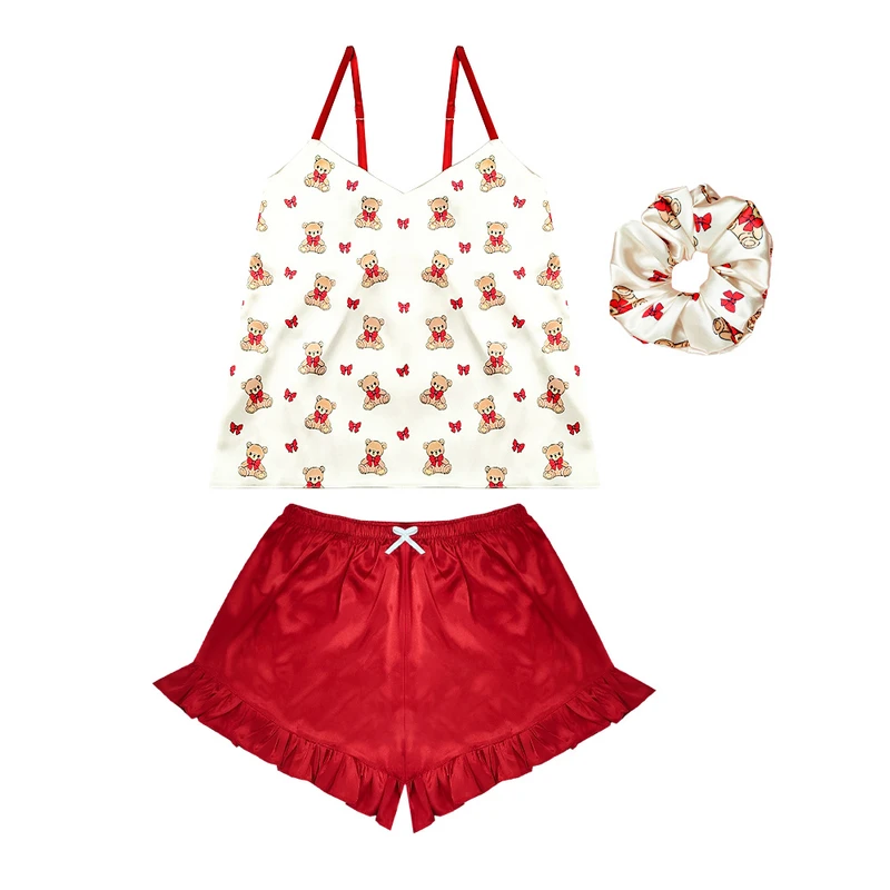 لباس خواب زنانه مدل ساتن ابریشم طرح تدی کد 666032 به همراه اسکرانچی مو