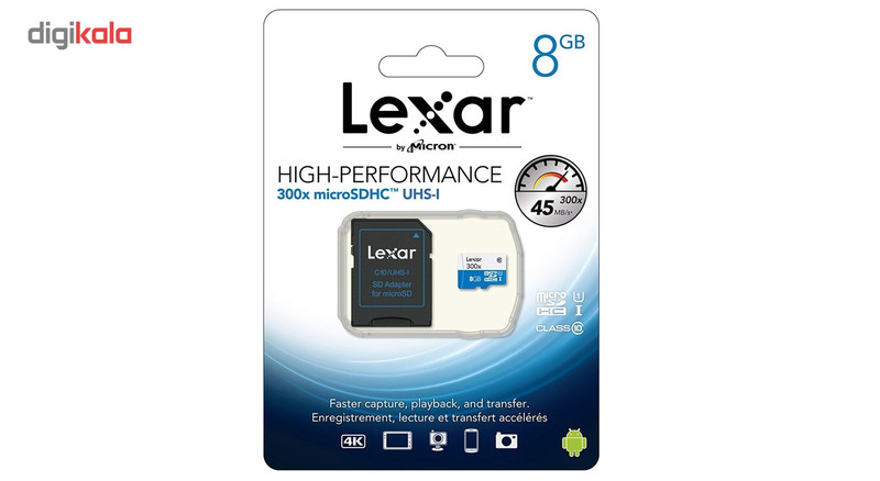 کارت حافظه microSDHC لکسار مدل High-Performance کلاس 10 استاندارد UHS-I U1 سرعت 45MBps به همراه آداپتور SD ظرفیت 8 گیگابایت