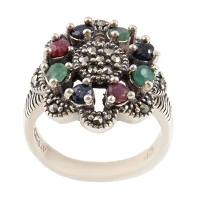 انگشتر نقره زنانه بازرگانی میلادی مدل نگین مارکازیت سنگ یاقوت و زمرد کد AW_528