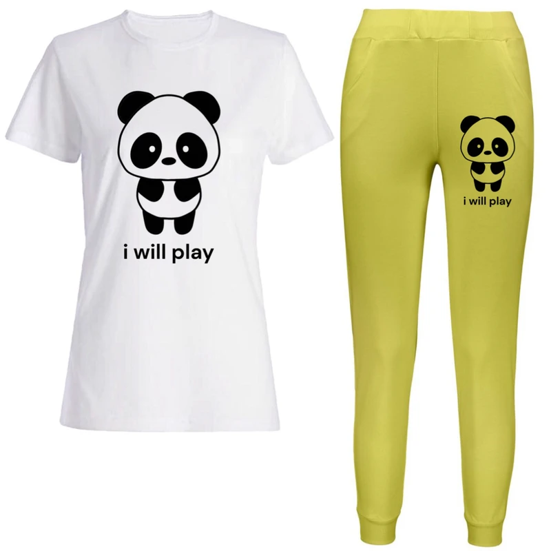 ست تی‌شرت آستین کوتاه و شلوار راحتی دخترانه مدل پاندا