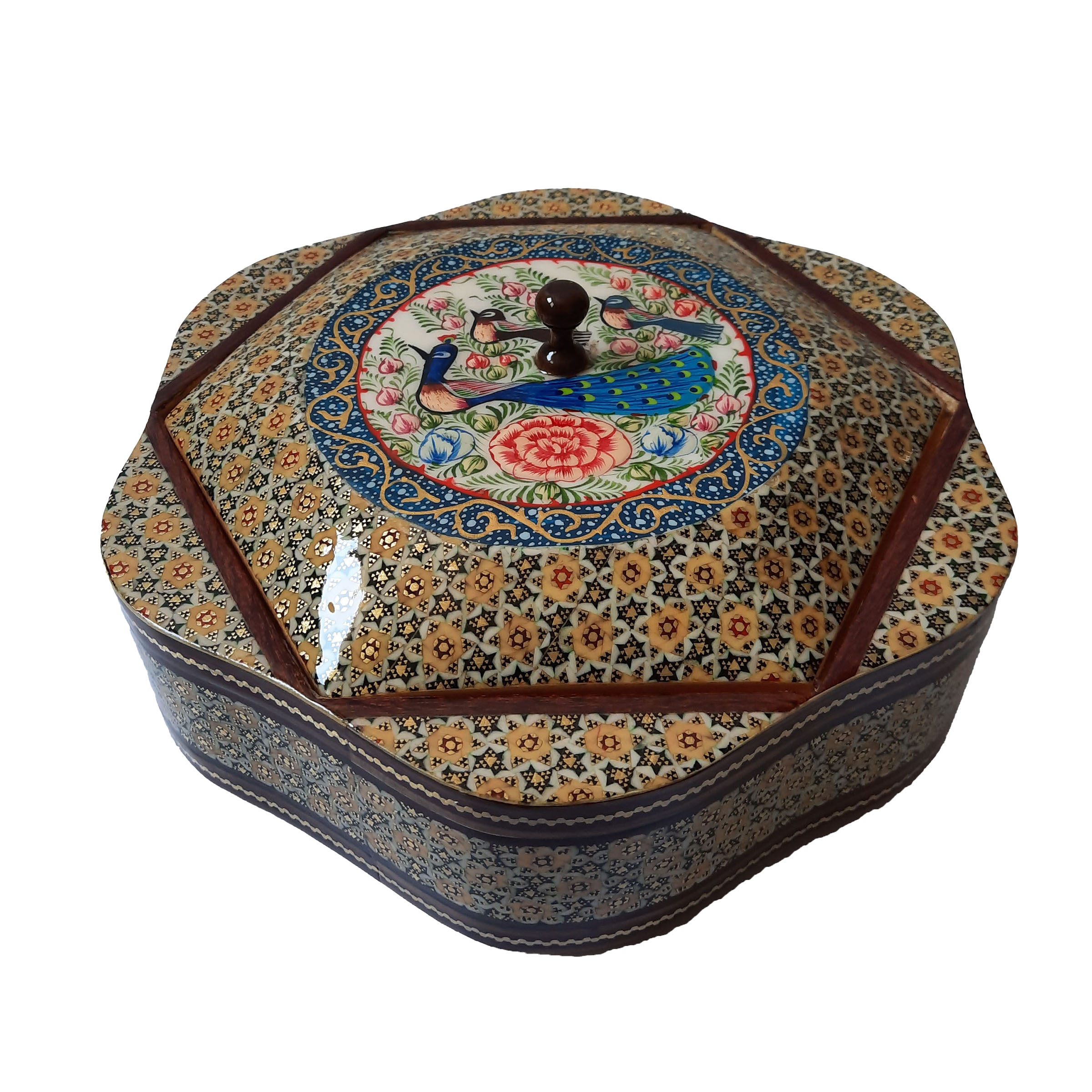 شکلات خوری خاتم کاری مدل شش ضلعی گل و مرغ کد 62