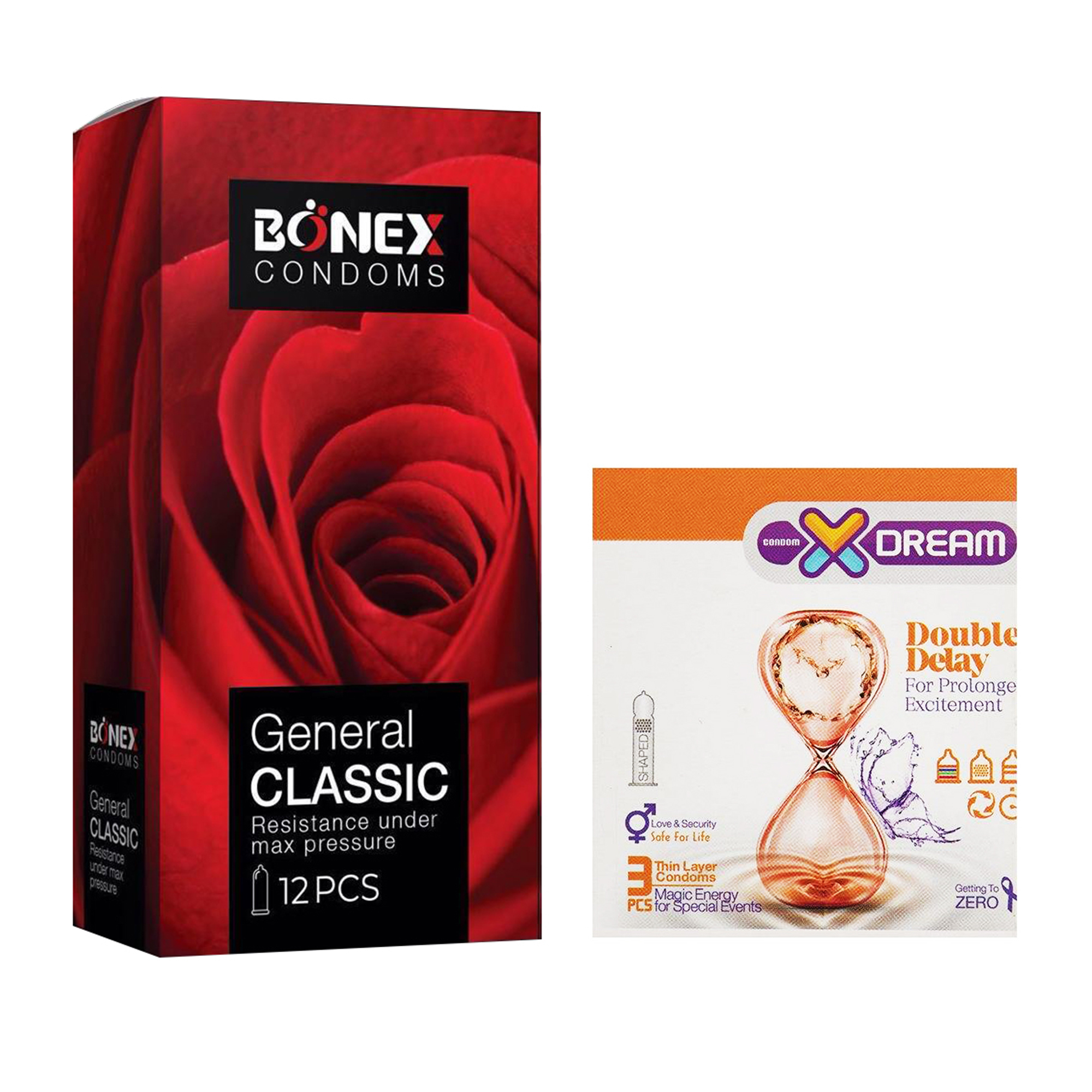 کاندوم بونکس مدل General Classic بسته 12 عددی به همراه کاندوم ایکس دریم مدل Double Delay بسته 3 عددی
