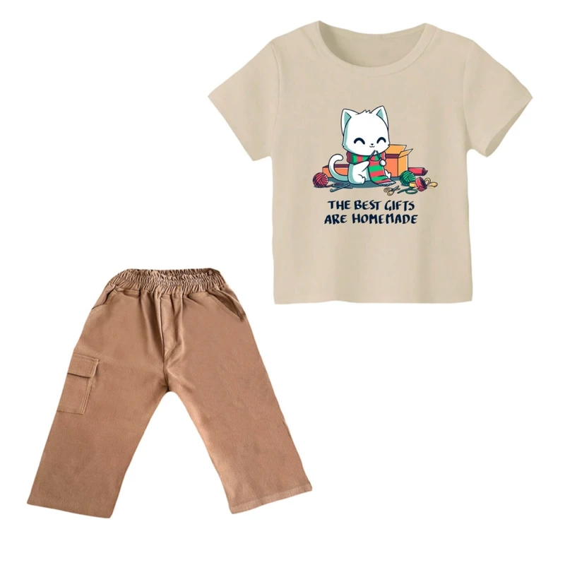 ست تی شرت و شلوارک دخترانه مدل گربه کد ۲۷