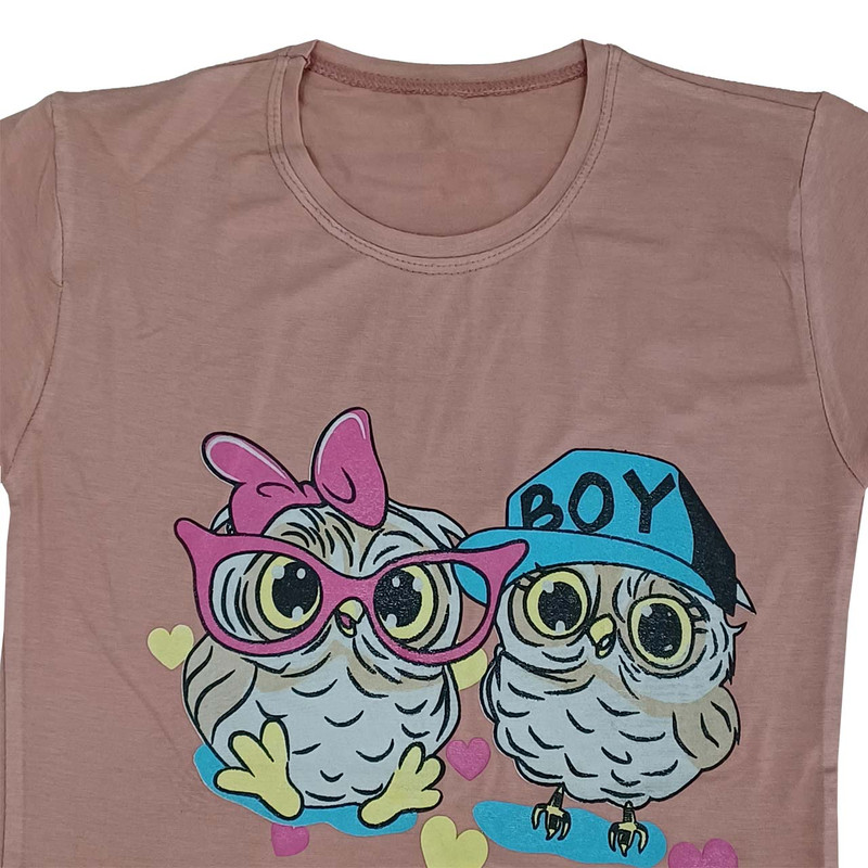 تی شرت آستین کوتاه زنانه مدل یقه گرد طرح جغدی جنس ویسکوز رنگ گلبهی