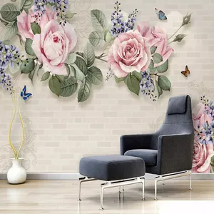 پوستر دیواری سه بعدی مدل گل برجسته صورتی زمینه آجری DVRF1279