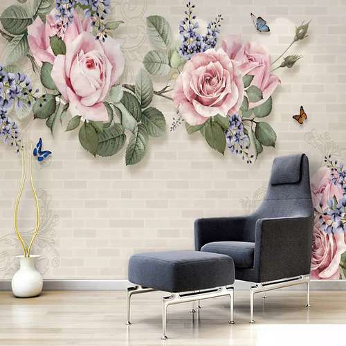 پوستر دیواری سه بعدی مدل گل برجسته صورتی زمینه آجری DVRF1279
