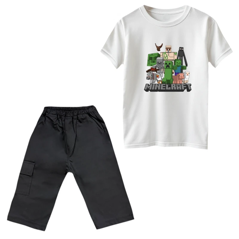 ست تی‌شرت و شلوارک پسرانه مدل ماینکرفت کد 004 رنگ سفید 