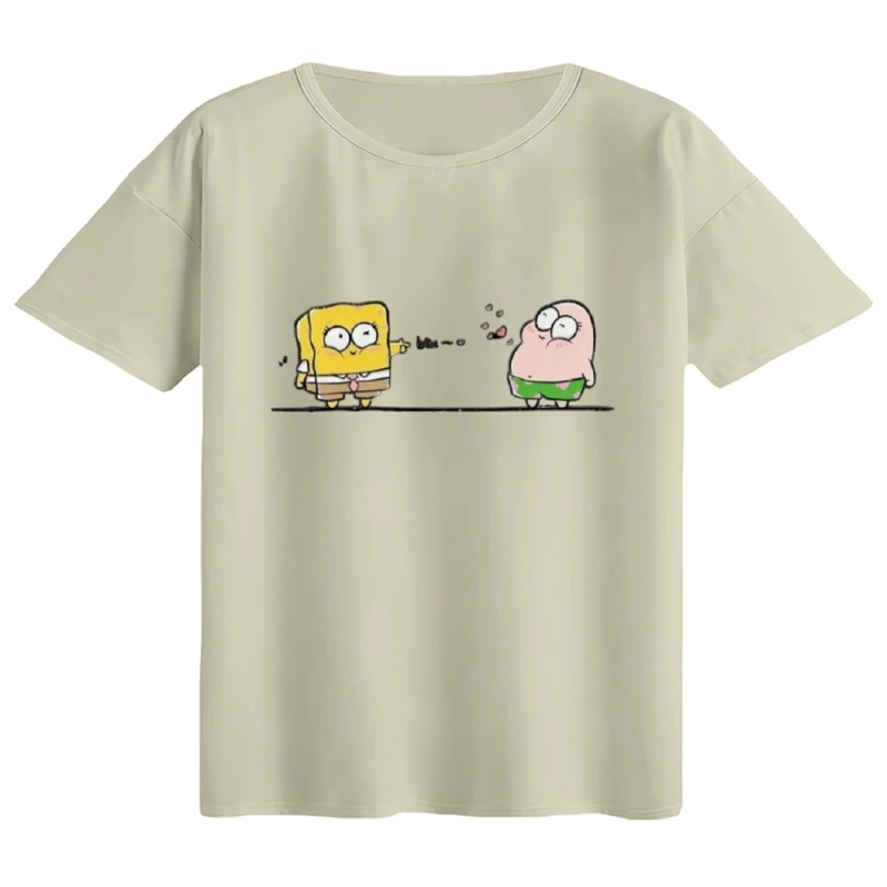 تی‌شرت اورسایز آستین کوتاه زنانه مدل باکسی طرح پاتریک و باب اسفنجی