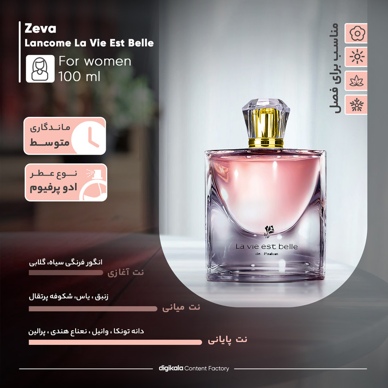 پرفیوم زنانه زوا مدل لانکوم لا ویه است بله حجم 75 میلی‌لیتر