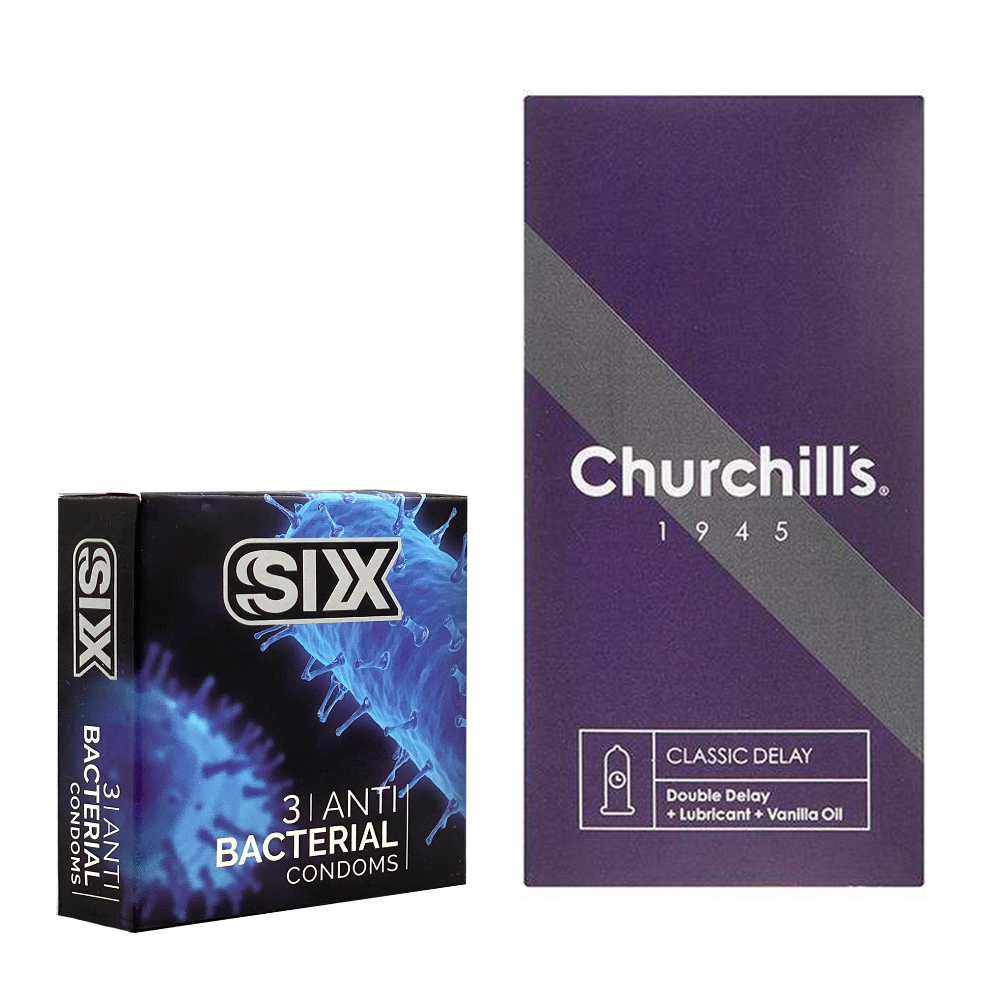 کاندوم چرچیلز مدل Classic Delay بسته 12 عددی به همراه کاندوم سیکس مدل آنتی باکتریال بسته 3 عددی 
