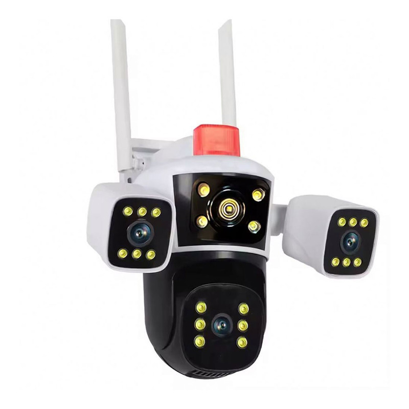 دوربین مداربسته تحت شبکه سیم‌کارتی 3 مگاپیکسلی مدل QQ849-WP-4-4G، دارای 3 لنز، اتصال 4G، چرخش افقی و عمودی، دید در شب، تشخیص حرکت، تعقیب سوژه، مکالمه دوطرفه، پشتیبانی از کارت حافظه Micro SD تا 256 گیگابایت و استاندارد ضدآب IP66